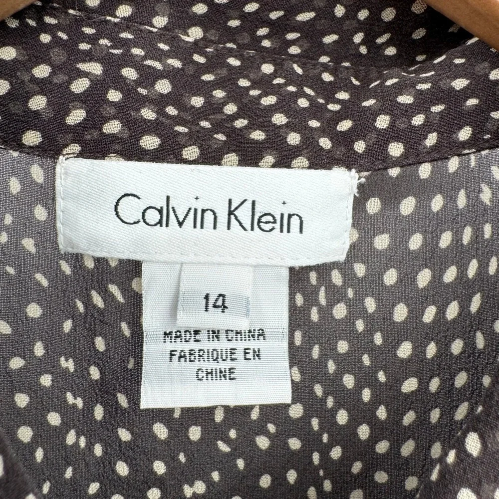 Calvin Klein Brown Polka Dot Sleeveless Sheer Silk Button Front‎ Blouse Sz 14 - Picture 10 of 11
